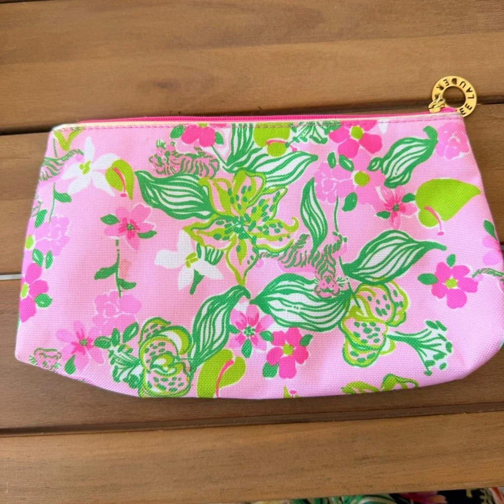 Lilly Pulitzer Estee Lauder Pink Green Floral Canvas Makeup Cosmetic Bag Pouch